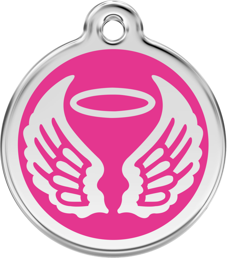 Médaille personnalisée RED DINGO Ange Rose ronde pour chien & chat – Gravure laser durable – Ultra résistante