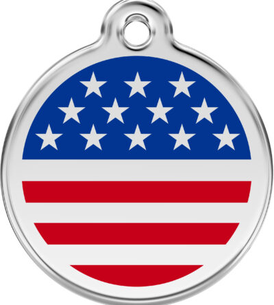 Médaille personnalisée RED DINGO Drapeau USA ronde pour chien & chat – Gravure laser durable – Ultra résistante