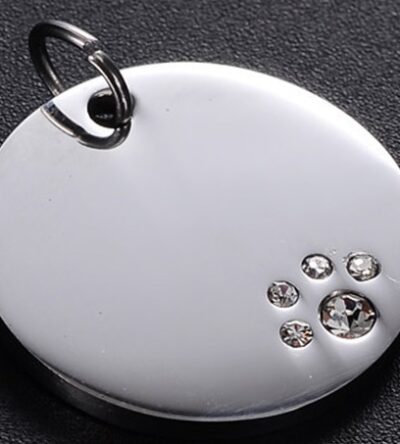 Médaille personnalisée luxe pour chien & chat avec strass Ronde avec Patte – Gravure haut de gamme – Bijou élégant et résistant