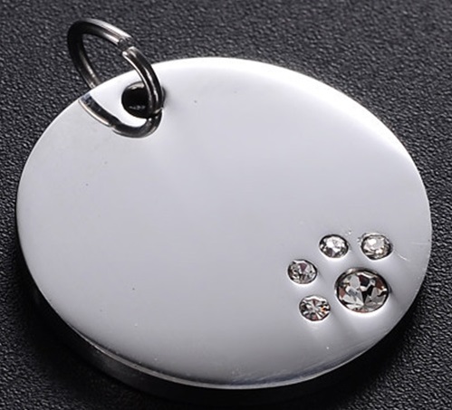 Médaille personnalisée luxe pour chien & chat avec strass Ronde avec Patte – Gravure haut de gamme – Bijou élégant et résistant